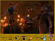 Tangled Hidden Objects game screen showing a detailed picture from the Tangled movie with a list of items to search for at the bottom of the screen