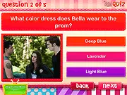 Quiz - What's Your Twilight IQ? free online game banner showing images of Bella Swan and Edward Cullen with a quiz question interface