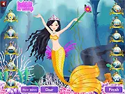 Mermaid Girl Dressup free online fashion game on PlayArcadeHub, showing a stylized mermaid with a bright tail and crown