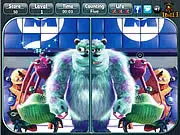 A comparison screenshot from the free online game Monsters Inc Spot the Difference, showing two identical images side-by-side with a circle highlighting a missing object
