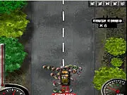 Screenshot of the Zombogrinder 2 Revenge game, showing a spike-covered car speeding down a highway, crushing a horde of zombies.