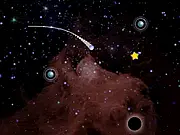 Gameplay screenshot from Comet Wrangler showing a comet curving around obstacles due to the pull of a placed gravity orb