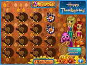 Screenshot of the Doli Thanksgiving Card Match game, showing a grid of face-down cards and a few face-up cards with Thanksgiving images like a turkey and a Native American girl.