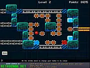 Screenshot of Cyber Kulkis Hard Edition online game showing a bouncing ball navigating a tight, spiky cybernetic corridor