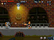 Gameplay screenshot of the free online action game Zombie Mice Annihilation showing a cat character fighting a horde of tiny rodent zombies.