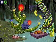 Gameplay screenshot from the free online point-and-click escape game Ballads of Reemus: Bed Bites, showing the cartoon main character in a bizarre room.