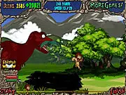 Gameplay screenshot of the free online runner game Dino Panic Game, showing a caveman running from a T-Rex and a pterodactyl collecting gems.