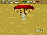Gameplay screenshot of the free online game Para Sheeps showing a cartoon sheep in a free-fall from a cliff with a parachute ready to deploy.