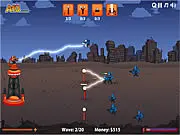 Screenshot of the Tesla Defense game showing a Tesla tower firing lightning at alien invaders