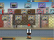 Basketball Tribe free online game screenshot showing a player shooting a basketball toward multiple moving hoops on a court