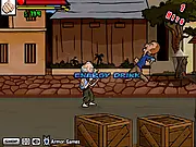 The old master character from the fighting game Kung Fu Grandpa Online delivering a punch to an enemy