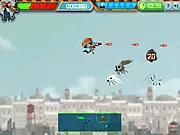 Generator Rex Providence Defender online game screenshot, flying Providence ship shooting big bugs and rescuing people free