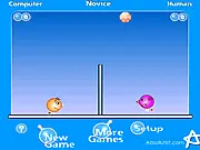 School of Volleyball free online game screenshot showing a ball in the air over a net, with two players ready to hit it.