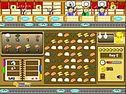 Sushi ingredients being swapped on a match 3 puzzle board with a satisfied customer eating a sushi roll in the background