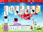 Screenshot of Golf Solitaire First Love free online game showing card stacks and the foundation pile, indicating the three difficulty modes.