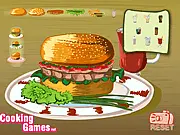 Special Burger free online cooking game screenshot, showing a fully customized hamburger with toppings, fries, and a drink