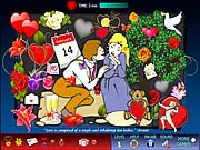 Love Hidden Objects game screenshot showing a romantic picture with hearts, flowers, and rings subtly hidden within the scene, free online game
