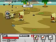 A player character blasting enemy robots with a futuristic gun in the free online action shooter game Heavy Pawnage.