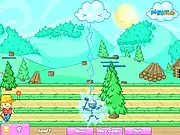 The game screen of Lumber Zap showing placed trees and electrical energy zapping pastel-colored lumberjack enemies.
