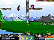 A panda flying through the air propelled by a green cloud in the funny, free online game Farting Panda.