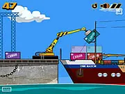 A large yellow crane moving containers at a busy port in the free online game Shipping Yard Crane Simulator.