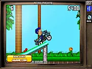 16 Bit Bike racing game screenshot showing a pixelated motorcycle rider speeding across a rough terrain course, free online retro game