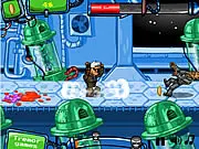 Play Biometal free online action platformer game. A metal-clad hero character jumping over a gap in a dark, dangerous industrial environment.