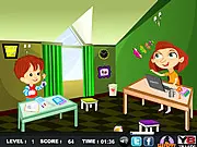 Bobo The Naughty Boy 3 game screen showing Bobo trying to listen to music secretly while his teacher is distracted, with an alert button