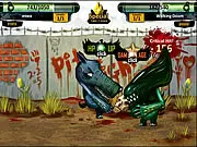 Rawr Adventure RPG game featuring the hero Hayley fighting a giant enemy in a vibrant forest environment with menus showing skill and mutation options