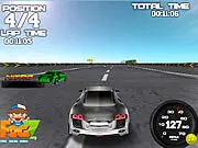 Unlimited Speed 3D gameplay screenshot showing a red sports car racing around a curve on a modern asphalt track against two opponents.