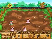 The game screen for Pigmenator, showing a character armed with a large gun, shooting at a swarm of stylized enemies, with a visible score counter and shop menu options for buying new weapons.