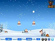 Hit The Little Santa game screen showing a paddle, a bouncing snowball, and tiny Santa characters on a Christmas-themed platform, free online arcade game