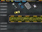 Screenshot of Busted Parking simulator game, showing a damaged car attempting to parallel park between other cars, free online driving game