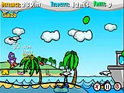 Penguin Tide Surfer Online game screenshot – Perry the penguin surfing on a blue wave on his board, collecting fruits