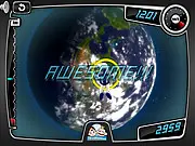Screenshot of Jump Felix Jump arcade game, showing Felix Baumgartner falling from space, avoiding asteroids and flying through glowing rings