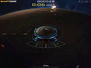 Play Orbital Guard Survival free online space shooter game, image showing a defense turret blasting alien ships near a space station.