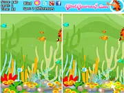 Free online game thumbnail for Five Differences With Fish showing two nearly identical pictures of colorful coral, tropical fish, and a treasure chest, with a circle indicating one of the hidden differences.