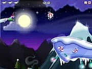 Robot Unicorn Attack Christmas Edition game screen showing a white robotic unicorn with antlers running across a platform in a snowy, dark blue winter wonderland sky, surrounded by stars and a rainbow trail.