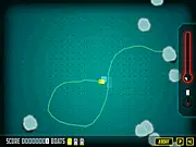 Screenshot from Futurecade online mini-game showing a glowing neon ship flying against a dark background with various colored objects