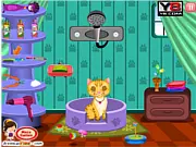 Screenshot of the Princess Cat Makeover game showing a cute cat dressed in a tiny pink dress and a crown, ready for a birthday party.