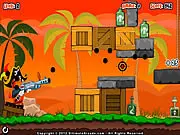 Alien Bottle Buccaneer game screen showing glass bottles set up to be smashed by a large rubber ball launcher