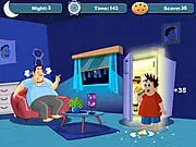 Midnight Snacks game screen showing a child eating snacks in the kitchen and an alert icon indicating Dad is nearby