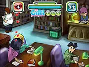 Kiss in a Library game screenshot showing a boy and girl kissing secretly in a library while a librarian looks on