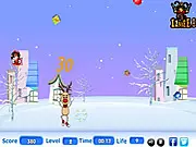 Screenshot of Christmas Gifts Collector game showing a reindeer and snowman gathering presents while avoiding cartoon devils, free online Christmas arcade game