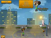 Afro Basketball street ball game screenshot showing a player shooting a basketball at a hoop in an urban setting | Play Free Online