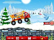 Screenshot of Santa Gifts Delivery 2 online game showing Santa driving a red truck filled with Christmas gifts over a snowy, hilly terrain