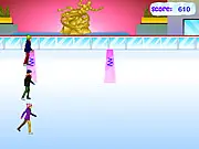 DM Ice Skating Competition free online game screenshot showing Lilly, Ella, and Sarah figure skating on an ice rink with glowing symbols waiting to be drawn