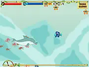 Screenshot of the Through the Pacific game showing a dolphin swimming in the ocean and dodging obstacles