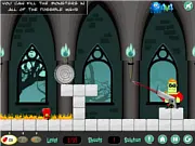 A screenshot of the Cannon Hero Flash game, showing a small hero standing next to a cannon, aiming at various green or armored monsters positioned near water and other obstacles.