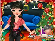 Christmas Party Makeover game screenshot showing a girl with perfect holiday makeup, wearing a glamorous festive dress and sparkling jewelry, ready for a party. Play free online makeover game.